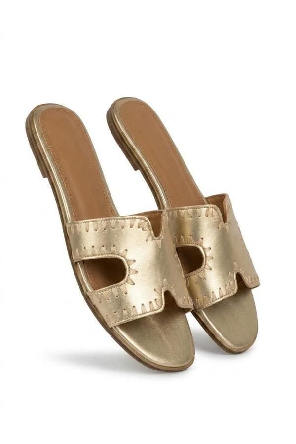 Mina Trim Cut Out Flat Slip On Sandals - Gold_wb