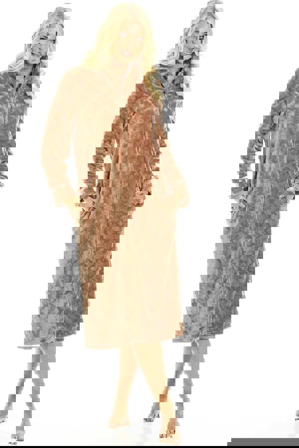 Camille Womens Brown Classic Full Length Zip Through Housecoat With Inseam Pockets