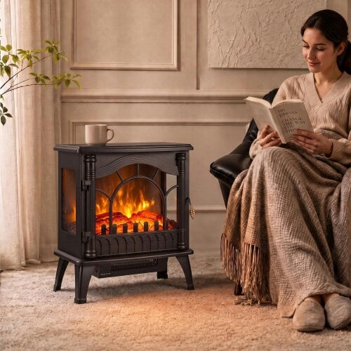 HOMCOM 3-Sided Glass Electric Fire Fan Heater with Flame Effect, Black