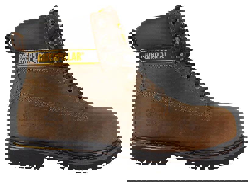 Caterpillar Holton Mens SB Safety Steel Toe Cap Lace Up Work Boots, brown leather work footwear with steel toe, lace-up closure, and cushioned ankle support.