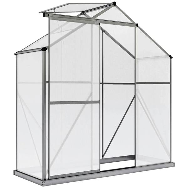 Dark grey polycarbonate walk-in greenhouse with sliding door and transparent panels