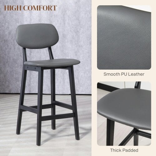 Wyld Haus Lavidiel Faux Leather Dark Grey Bar Stools Set Of 2 With Back Support And Wood Legs