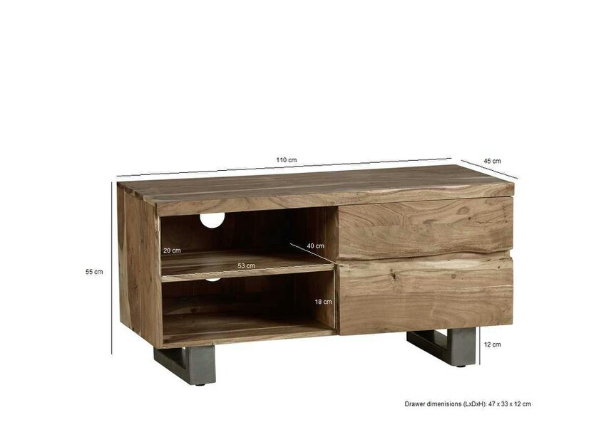 Wyld Haus Wellington Acacia Wood Modern Small TV Unit 2 Shelves 2 Drawers