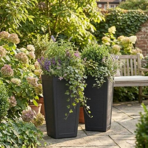 Nicoman Avondale Black Plaster Wood Recycled Rubber Tall Planter Pot - Pack of 2
