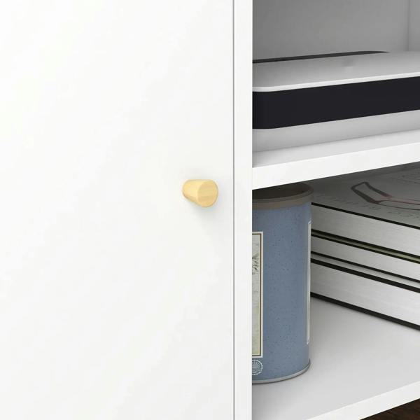 White cabinet door with round gold knob on a TV stand storage compartment.