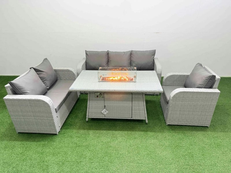 Fimous Patio PE Wicker 6 Seater Outdoor Rattan Furniture Sofa Sets with Fire Pit Dining Table Reclining Chair Loveseat Sofa 3 Seater Sofa Light Grey
