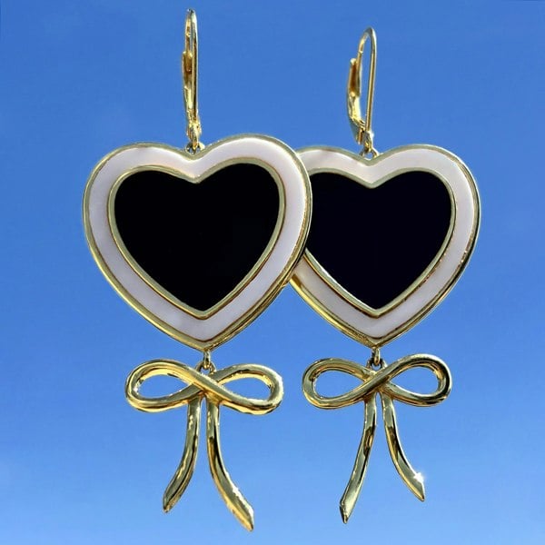 Gold vermeil heart and bow earrings by LENAE London with black obsidian and white mother-of-pearl.
