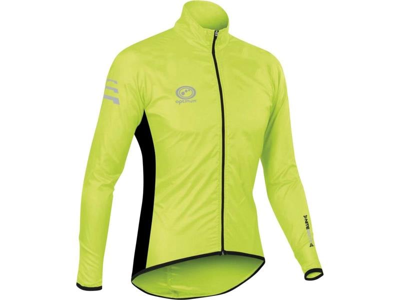 Fluorescent yellow Optimum NiteBrite cycling rain jacket, front view with reflective logo, black side panels - Optimum