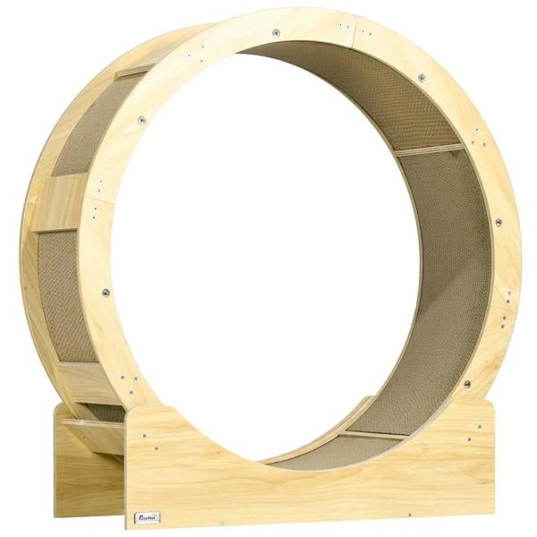 Cat exercise wheel with brake, oak-toned wooden frame and grey scratching surface