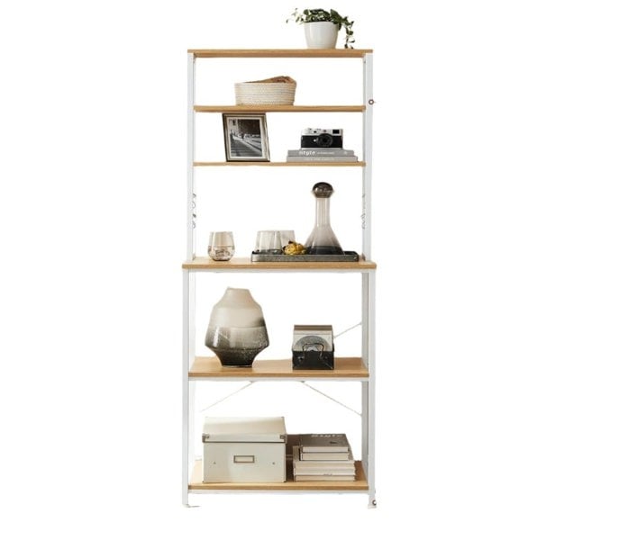 Modcraft White Kitchen Storage Rack with 6 Shelves & 6 Hooks, Adjustable Middle Shelf
