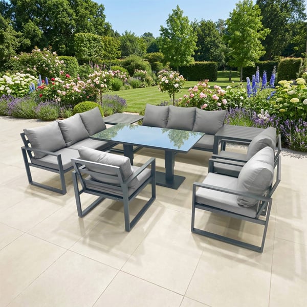 Fimous 9 Seater Aluminium Garden Furniture Set with Rising Dining Table, 3 Chairs, 2 Sofas & 2 Side Tables - Dark Grey