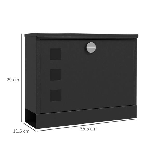 Black wall mailbox with three viewing windows, round lock plate, and size measures