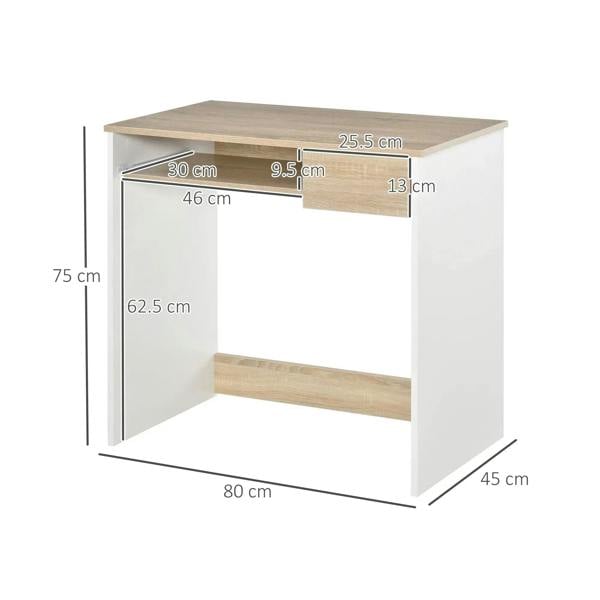 80 cm compact desk in oak and white with keyboard tray and drawer storage