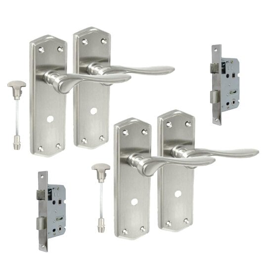 EDH Door Hardware Satin Finish Bathroom Door Handle On Shaped Backplate + Bath Lock