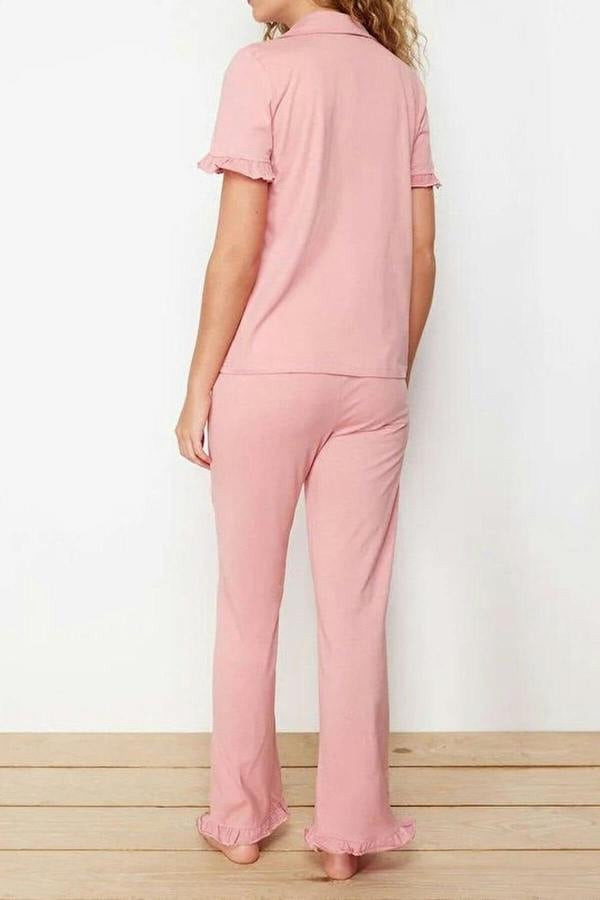 WOVCOR 2-Piece 100% Cotton Ruffle Detail Knitted Pajama Set