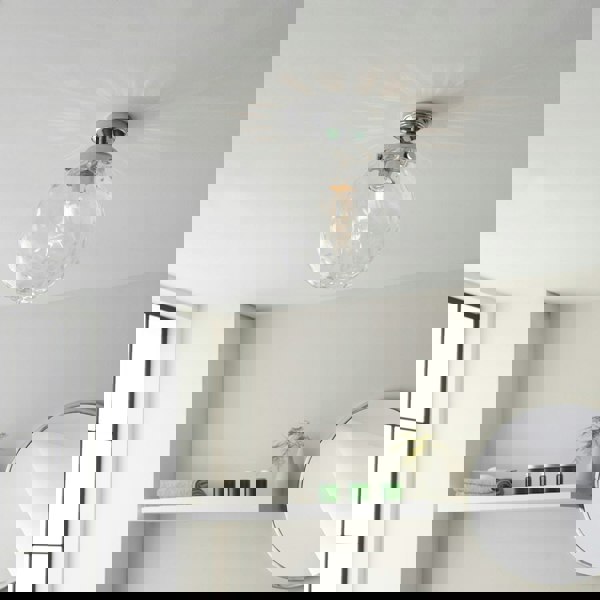 Decorative Flush Bathroom Ceiling Light Fitting - Clear Glass Dimpled Shade