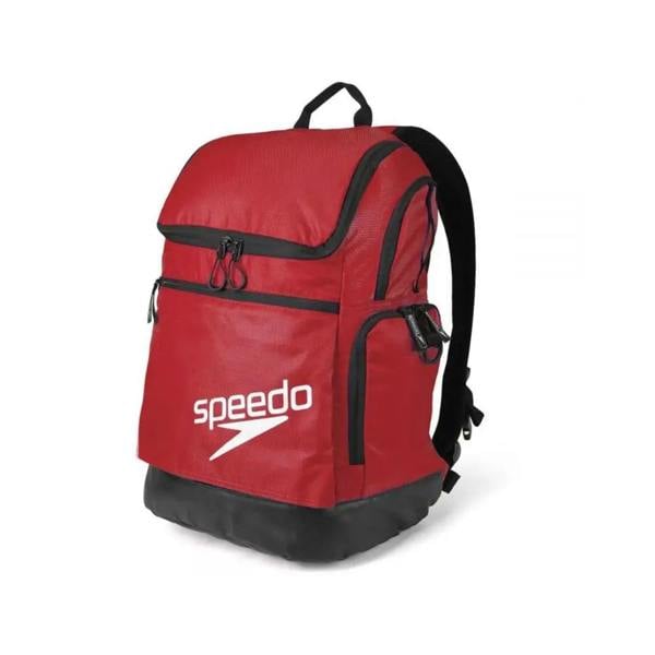Red Speedo Teamster rucksack 35L with black accents, white logo and raised laptop sleeve