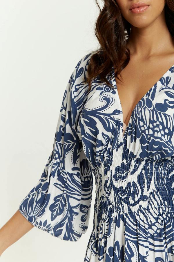 Hoxton Gal Oversized V Neck Detailed Floral Print Maxi Dress in Navy and White