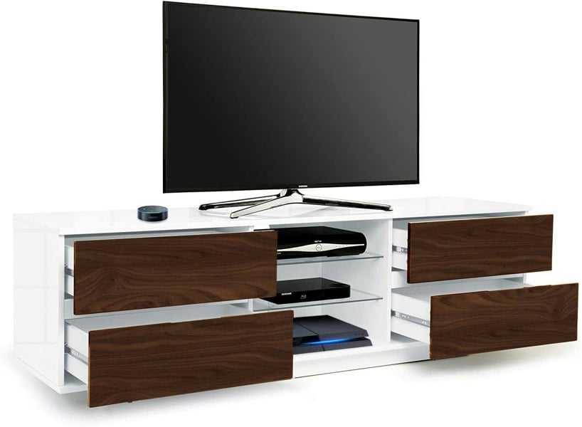 Centurion Supports Avitus Gloss White TV Stand  with 4 Walnut Drawers and 2 Glass Shelves TV up to 65" Cabinet