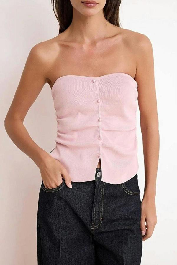Pearl Embellished Strapless Fitted Knit Blouse
