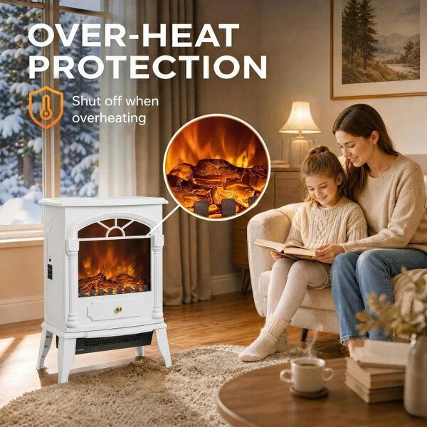 Freestanding Portable Fireplace, Electric Fireplace Stove Heater with 3D Flame Effect and Adjustable Thermostat, White