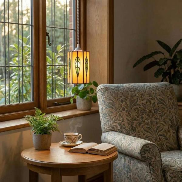 Hexagonal Tiffany Pendant Light Shade with Emerald Green Leaf Decor Image 6