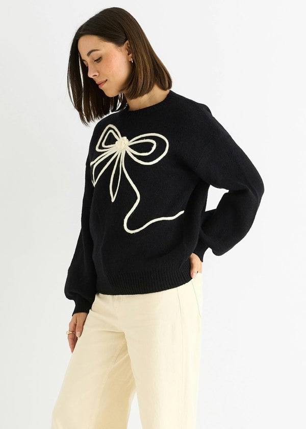 Gini London Black Contrast Bow pattern oversized Jumper