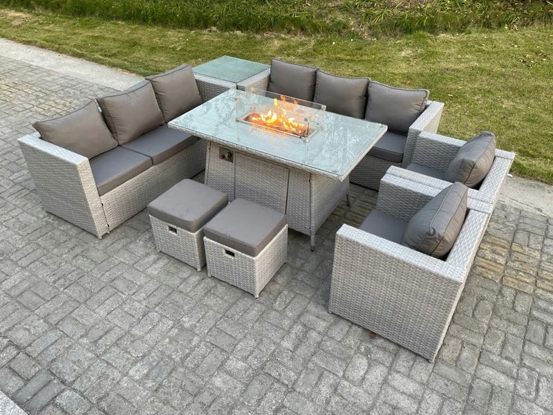 Fimous Rattan Outdoor Garden Furniture Set with Gas Fire Pit Table, 2 Sofas, 2 Chairs, 2 Foot Stools, 1 Side Table - 10 Seater - Light Grey