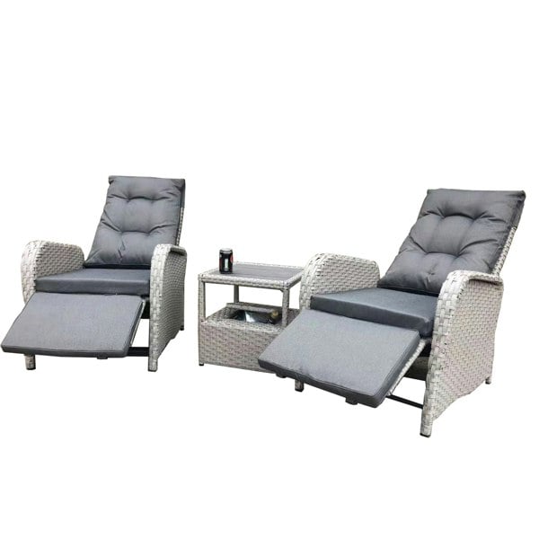Furniture One 3 Pieces Patio Lounge Chair Set, Rattan Chaise Lounge Sofa Set 2 Seater Recliner with Soft Cushion & Ice Bucket