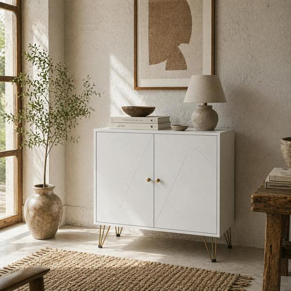 Wyld Haus Vifiva White Slim Sideboard With Gold Hairpin Legs 2 Doors