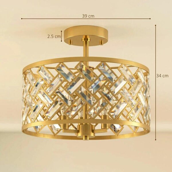 3-Light Crystal Glass Ceiling Light, Modern Ceiling Lamp w/ 3 E14 Sockets for Living Room, Bulb Not Included, Gold Tone