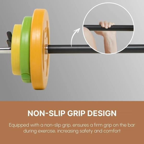 Barbell weight plates with orange and green disks and a non-slip grip bar