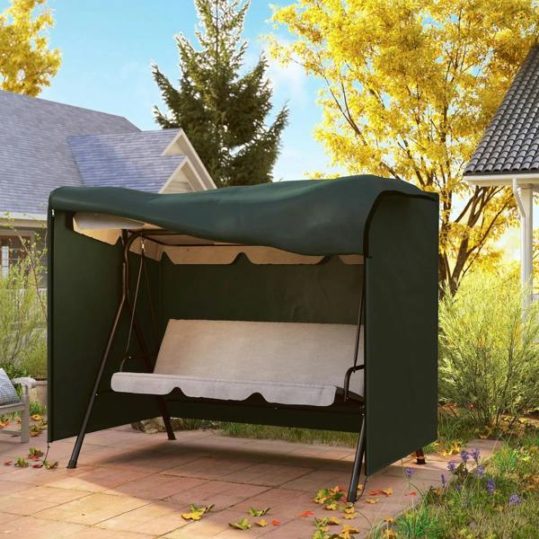 Deep green swing chair cover with overhang canopy and open front view for seating access