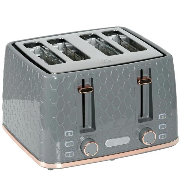 Four-slice honeycomb toaster in grey with four wide slots and front control dials
