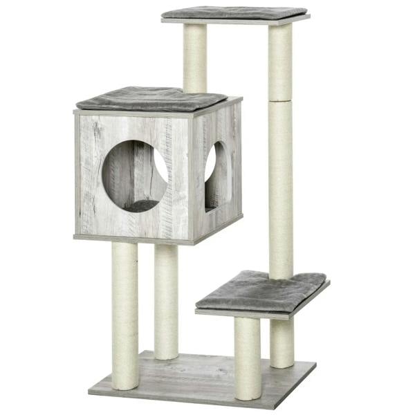 Grey fabric cat tree tower with top and mid cubby plus two scratching platforms