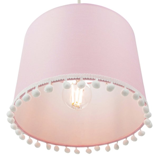 Cute and Modern Pink Cotton 10" Lamp Shade with Small White Woolly Pom Poms Image 5