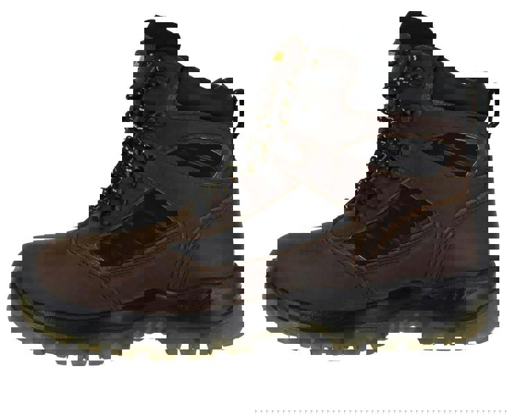 DeWalt Hudson Mens Lace Up Safety Work Steel Toe/Midsole Ankle Boots, brown leather work boots with black accents and sturdy soles.