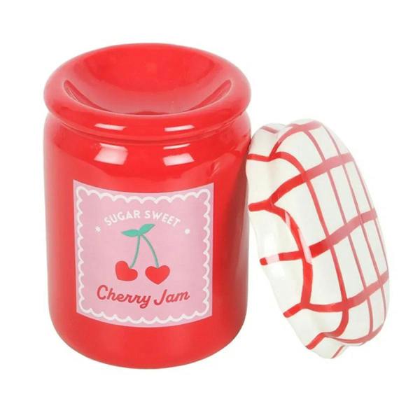 Red cherry jam-style wax warmer jar with plaid lid and cherry label