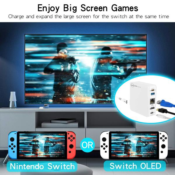 ULTRICS GaN 65W Switch Docking Station for Nintendo Switch OLED, 5 in 1 Portable TV Dock with HDMI, USB-C, USB-A and Ethernet