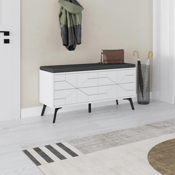 Decortie Modern Dune Shoe Storage Bench with Fabric Seat 4 Doors Cabinet 107(W)cm Metal Legs Organizer Hallway