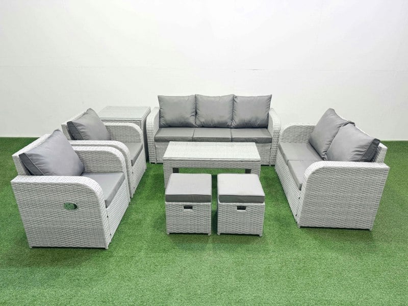 Fimous Light Grey PE Rattan Outdoor Lounge Set - Adjustable Chair, Double Loveseat, Rectangular Coffee Table, 2 Stools & Side Table