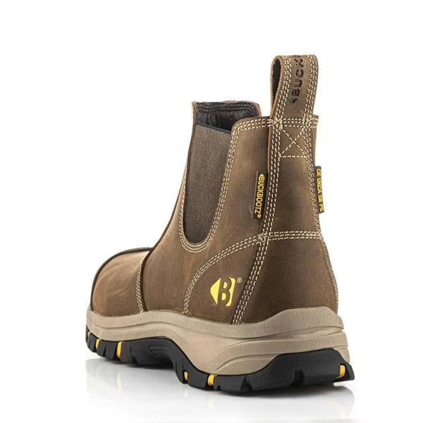 Buckbootz WIZD2 Mens Pull On S7S Dealer Chelsea Safety Ankle Boots, sturdy brown leather work boots with slip-on design, rugged sole for safety, and branded tags on the side.