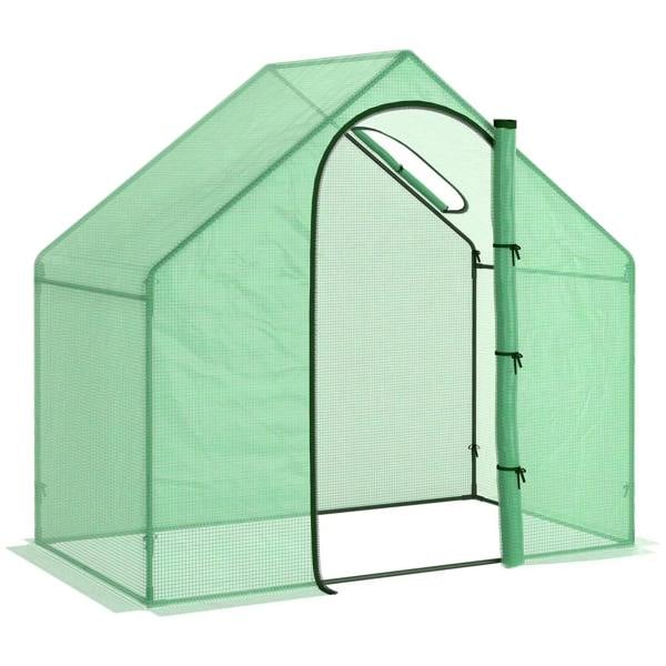 Green mini greenhouse with zipped front door and roof window, steel frame.