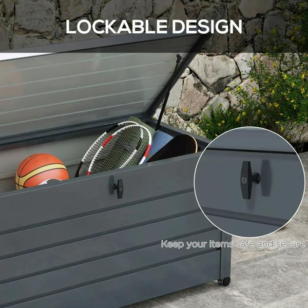 Dark grey lockable storage box with latch on front, lid open, on wheels.