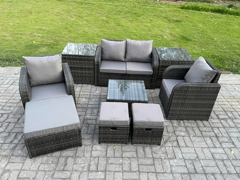 Fimous Rattan Garden Furniture Set Patio Conservatory Indoor Outdoor 9 Piece Set with Love Sofa Square Coffee Table 3 Footstools 2 Side Tables