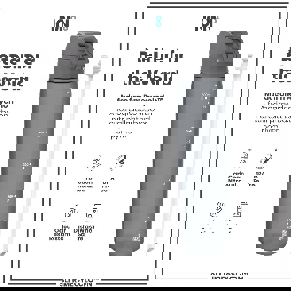 A gray water bottle sits beside a straw; it's made from a plant-based polymer, is carbon neutral, BPA free, odour resistant, and dishwasher safe.