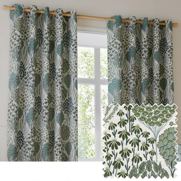 Wylder Ophelia Jacquard Floral Eyelet Curtains - Thyme/Mineral