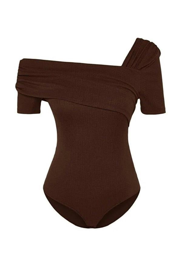 WOVCOR Asymmetrical Collar Fitted Snap Button Knitted Bodysuit