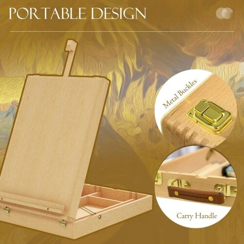 Bobobiy Wooden Table Easel Box Hold Canvas up to 61cm, Portable Folding Artist Drawing & Sketching Board for Adults