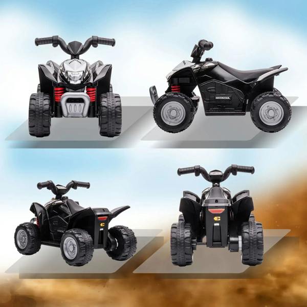 Black kids electric quad bike shown in four views, with red suspension